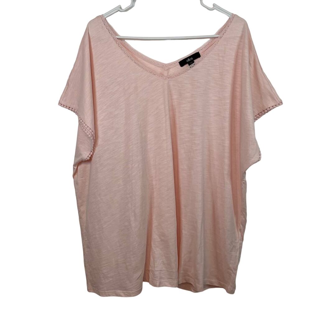 Ellos Pink Short Sleeve 1X Womens Plus V Neck V Back Casual Crochet Eyelet